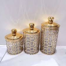 Crystal Royalty™ Decorative Glass Jar Set – 3-Piece Gold-Plated Storage with Gemstone Accents
