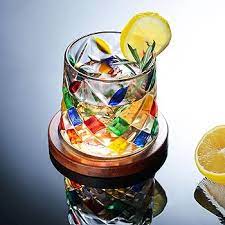 Luxury Crystal Cut Multicolor Whiskey Glass with Wooden Coaster