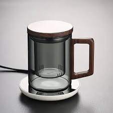 Nordic Eclipse™ Matte Smoke Glass Mug with Walnut Wood Lid & Handle