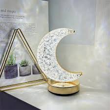 Crystal Crescent Moon LED Lamp – Elegant Gold Base Night Light for Bedroom & Décor