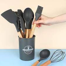 Premium 12-Piece Silicone Kitchen Utensil Set with Wooden Handles & Organizer Holder – Non-Stick, Heat-Resistant Cookware Tools