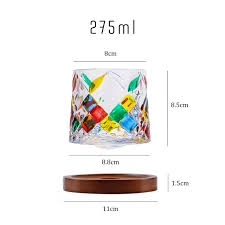 Luxury Crystal Cut Multicolor Whiskey Glass with Wooden Coaster