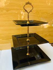 Elegant 3-Tier Rectangular Dessert Stand – Black Ceramic with Gold Trim for High Tea, Parties & Display