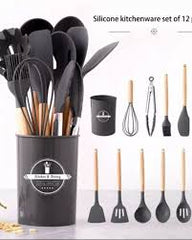 Premium 12-Piece Silicone Kitchen Utensil Set with Wooden Handles & Organizer Holder – Non-Stick, Heat-Resistant Cookware Tools