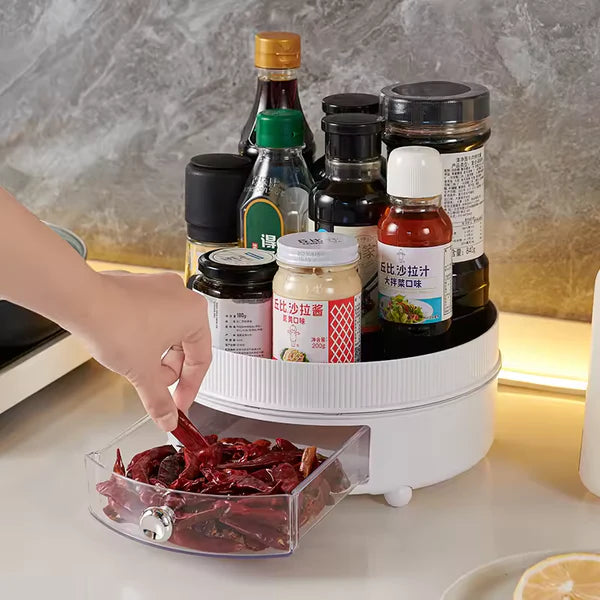 360° Rotating Spice Organizer Tray with Drawer – All-in-One Kitchen Condiment Station
