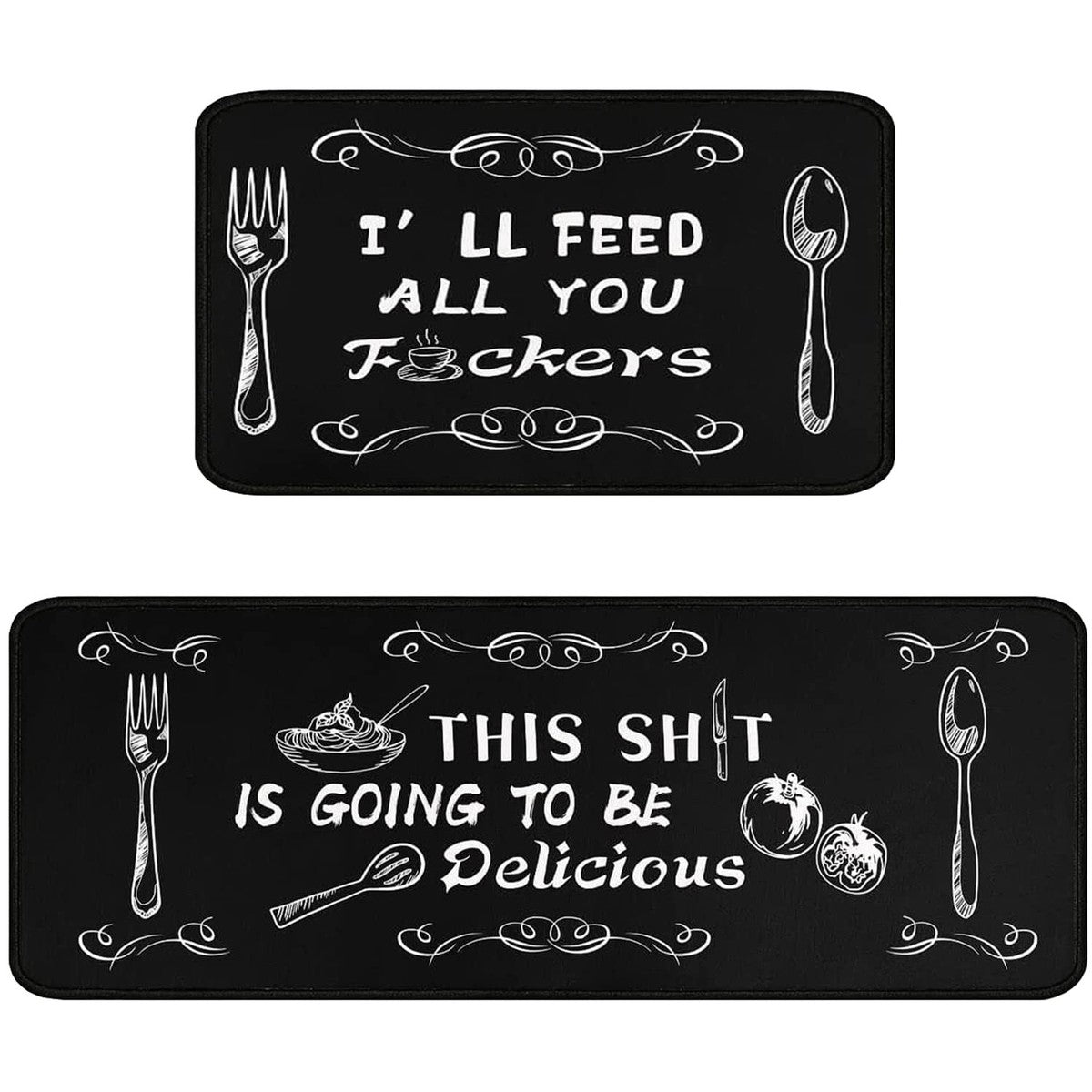 Kitchen Mat Set - 2 Piece Non-Slip Anti-Fatigue Mats with Humorous Quotes for Home, Cooking & Chef Decor