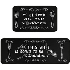 Kitchen Mat Set - 2 Piece Non-Slip Anti-Fatigue Mats with Humorous Quotes for Home, Cooking & Chef Decor