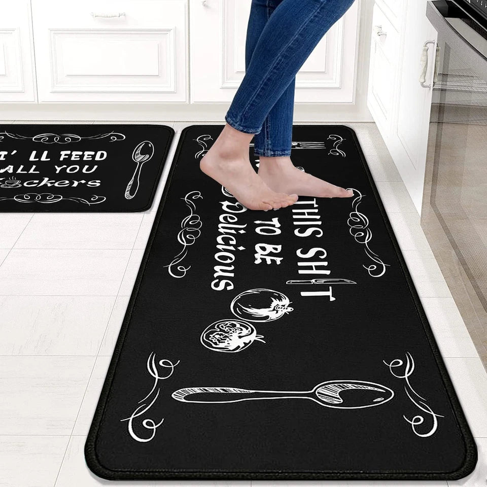 Kitchen Mat Set - 2 Piece Non-Slip Anti-Fatigue Mats with Humorous Quotes for Home, Cooking & Chef Decor