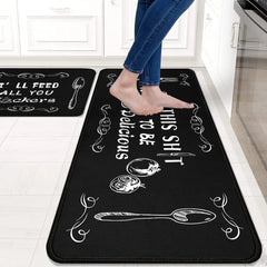 Kitchen Mat Set - 2 Piece Non-Slip Anti-Fatigue Mats with Humorous Quotes for Home, Cooking & Chef Decor